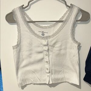 Brandy Melville White Button-Up Crop Top with Lace Trim